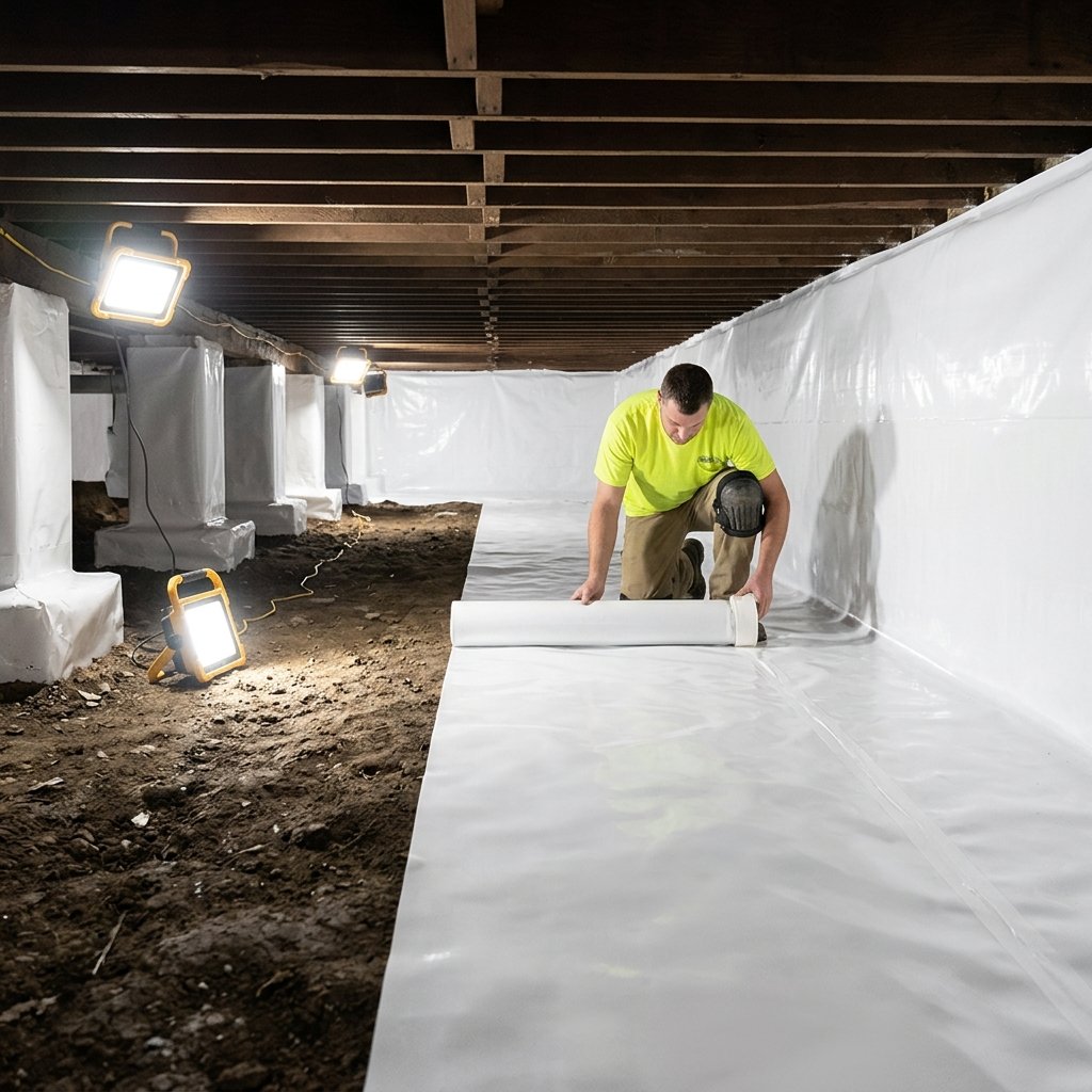 CrawlSpace Experts technician installing vapor barrier liner in Asheville, NC crawl space