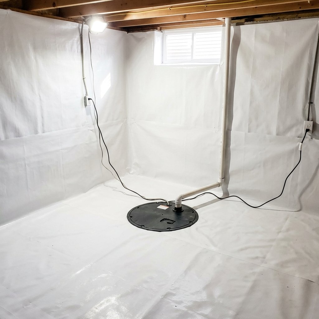 Installed crawl space sump pump with vapor barrier — Asheville, NC