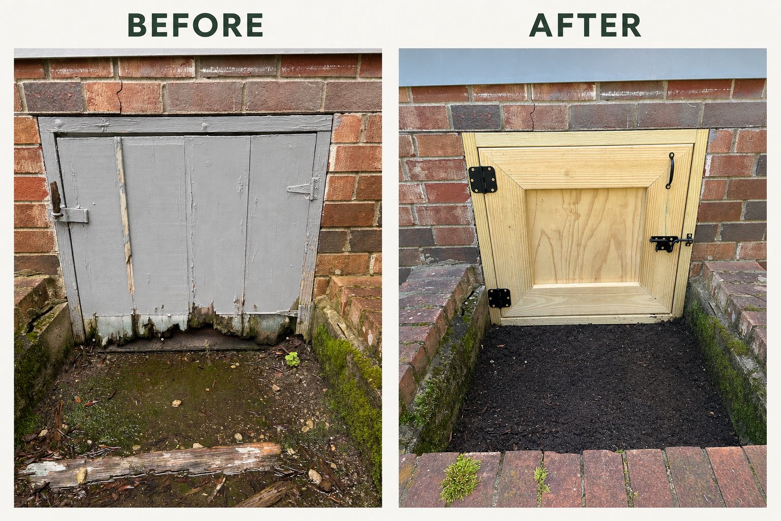 Crawlspace access door before and after — rotting wood door replaced with new insulated door, Asheville, NC