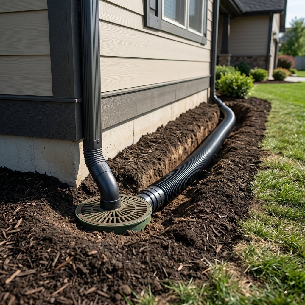 Underground downspout extension with pop-up emitter draining water away from home foundation — Asheville, NC