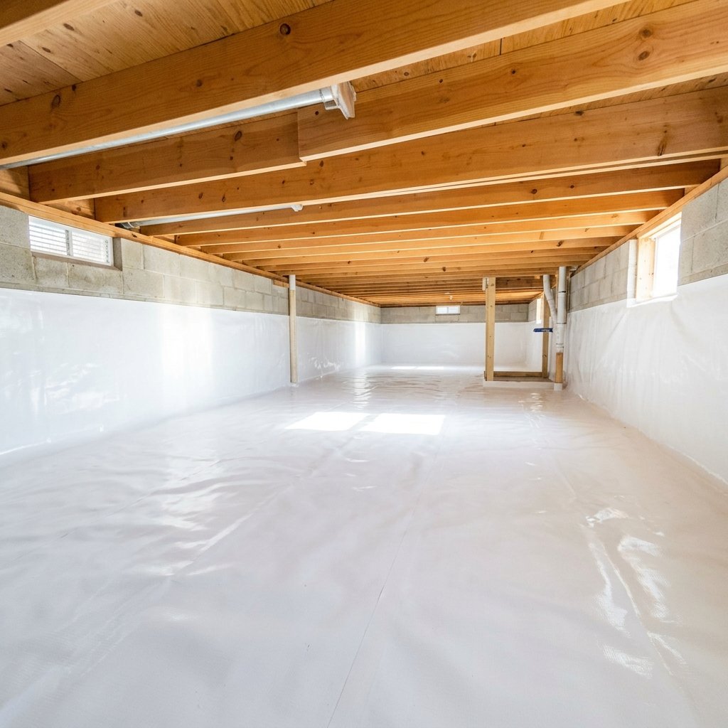 Completed crawl space encapsulation with white 20-mil vapor barrier — Asheville, NC