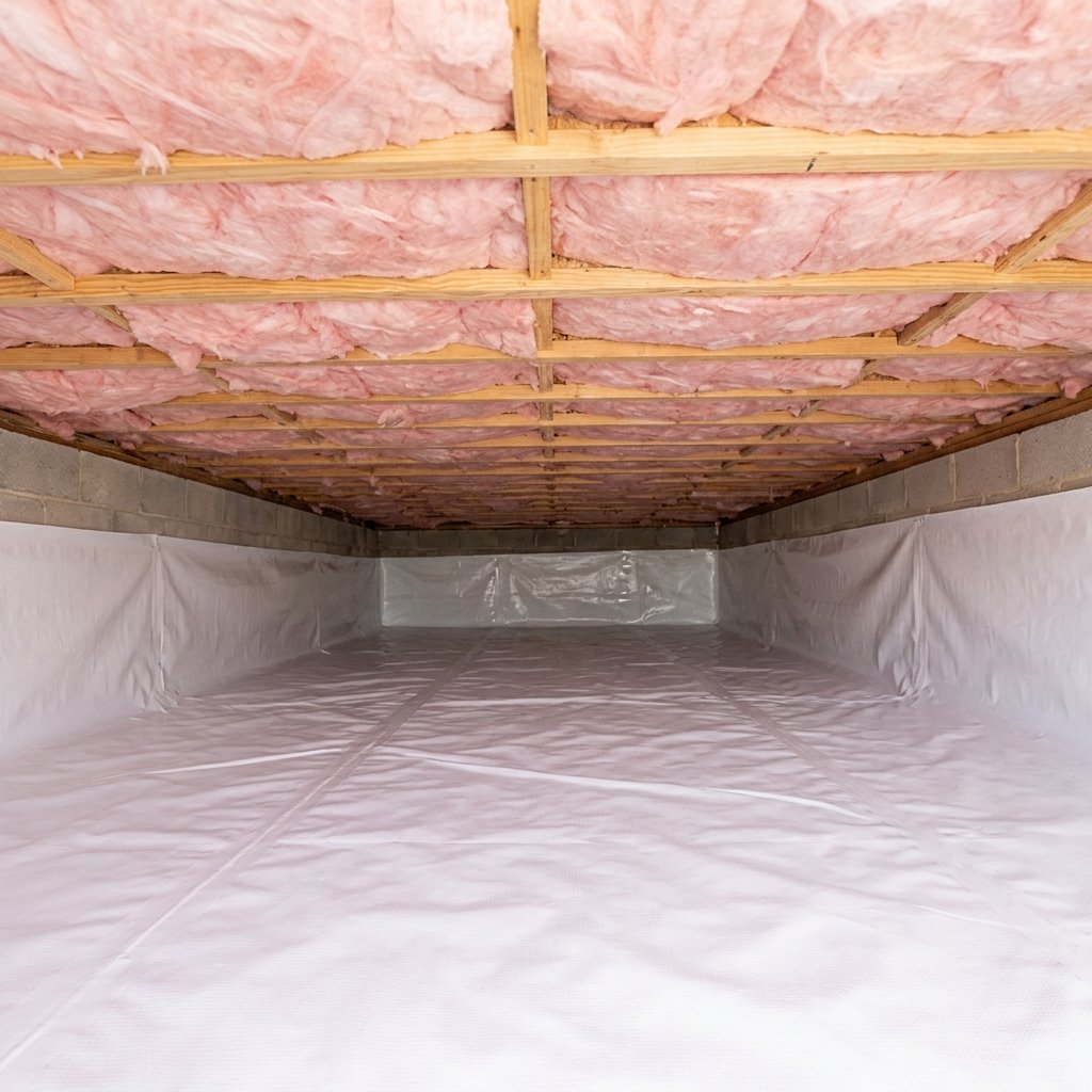 Fresh fiberglass batt insulation installed between crawl space joists with vapor barrier below — Asheville, NC