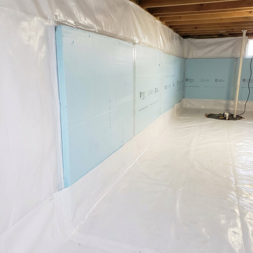 Rigid foam board insulation panels installed on crawl space foundation walls with vapor barrier
