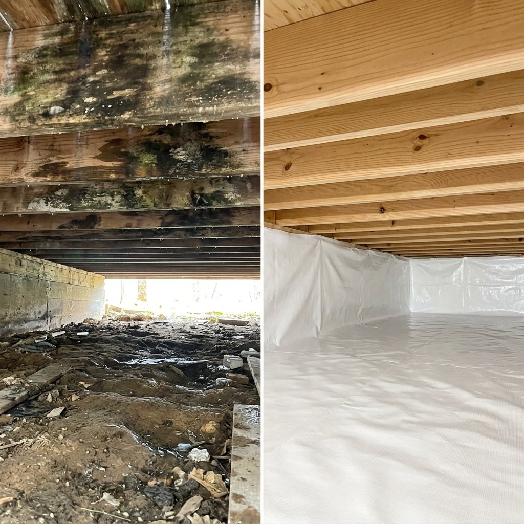 Crawl space before and after moisture control — mold-covered joists and dirt floor transformed to clean wood and encapsulated space