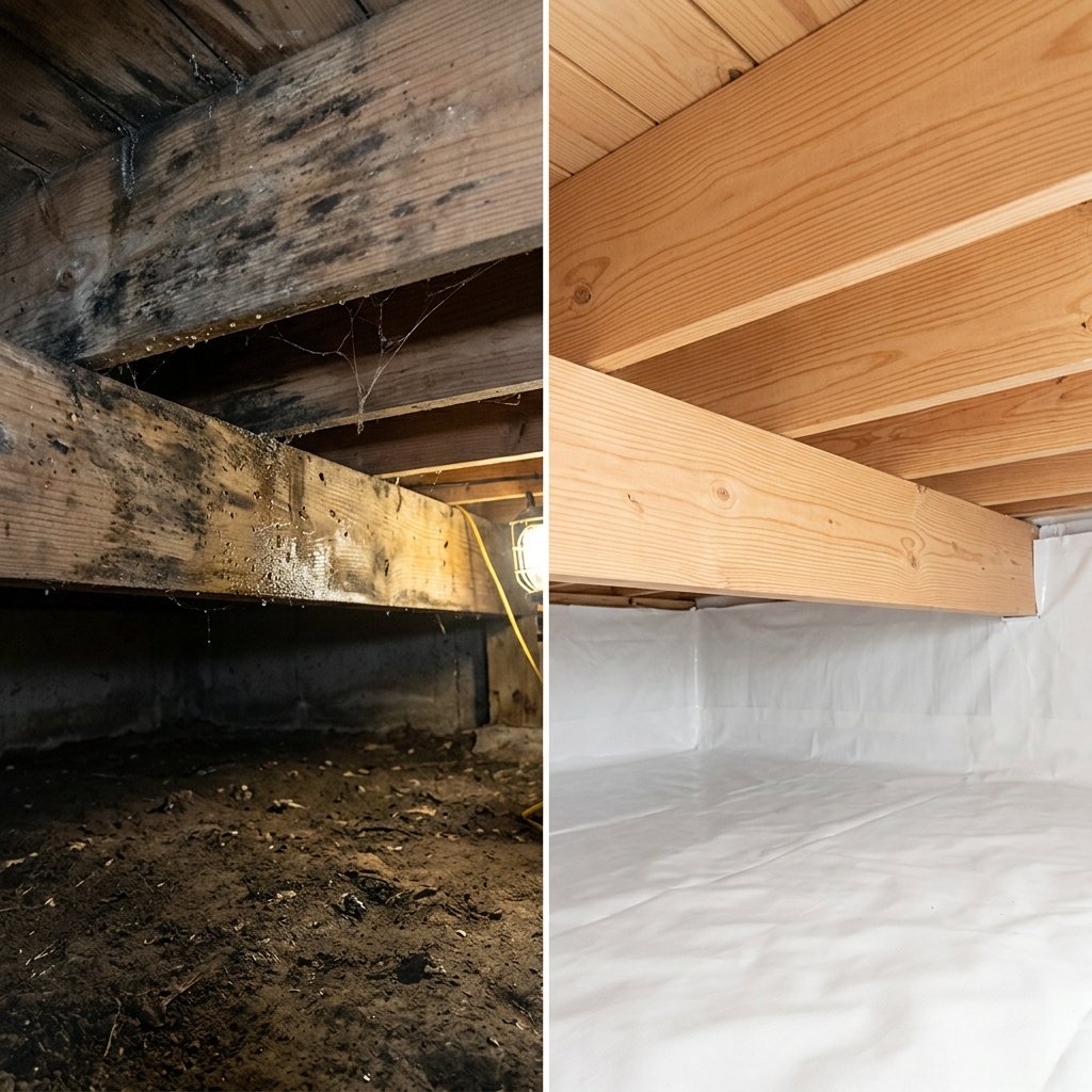 Crawl space mold removal before and after — black mold on joists transformed to clean treated wood
