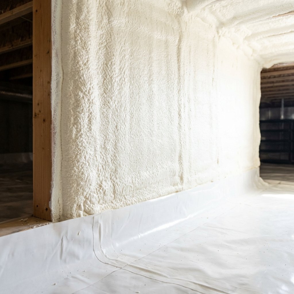 Closed-cell spray foam insulation applied to crawl space foundation wall