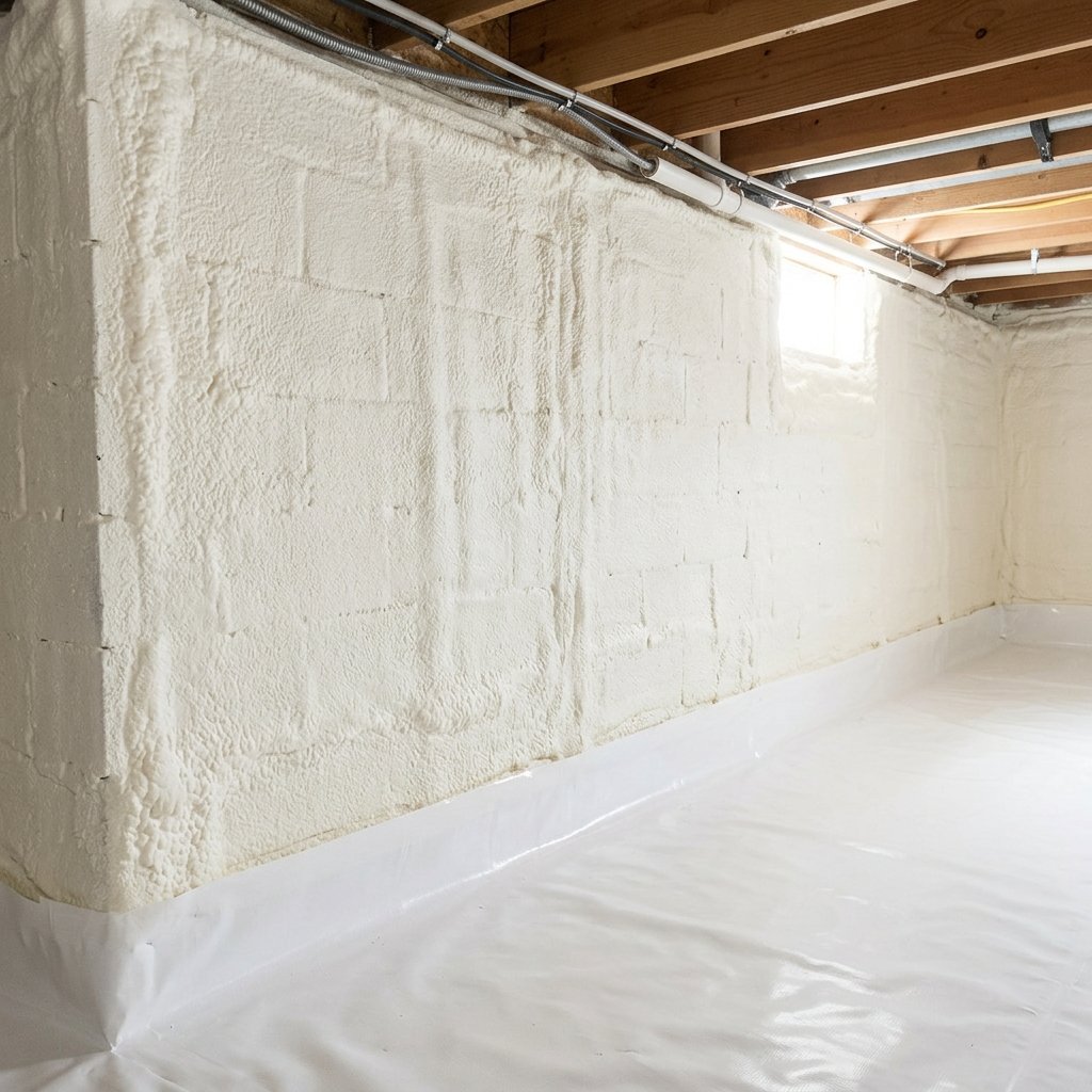Spray foam insulation covering entire crawl space foundation wall with vapor barrier floor — Asheville, NC