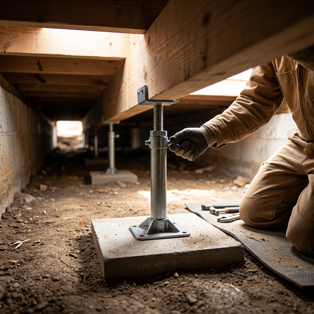 Steel adjustable support jack being installed under crawl space beam — Asheville, NC