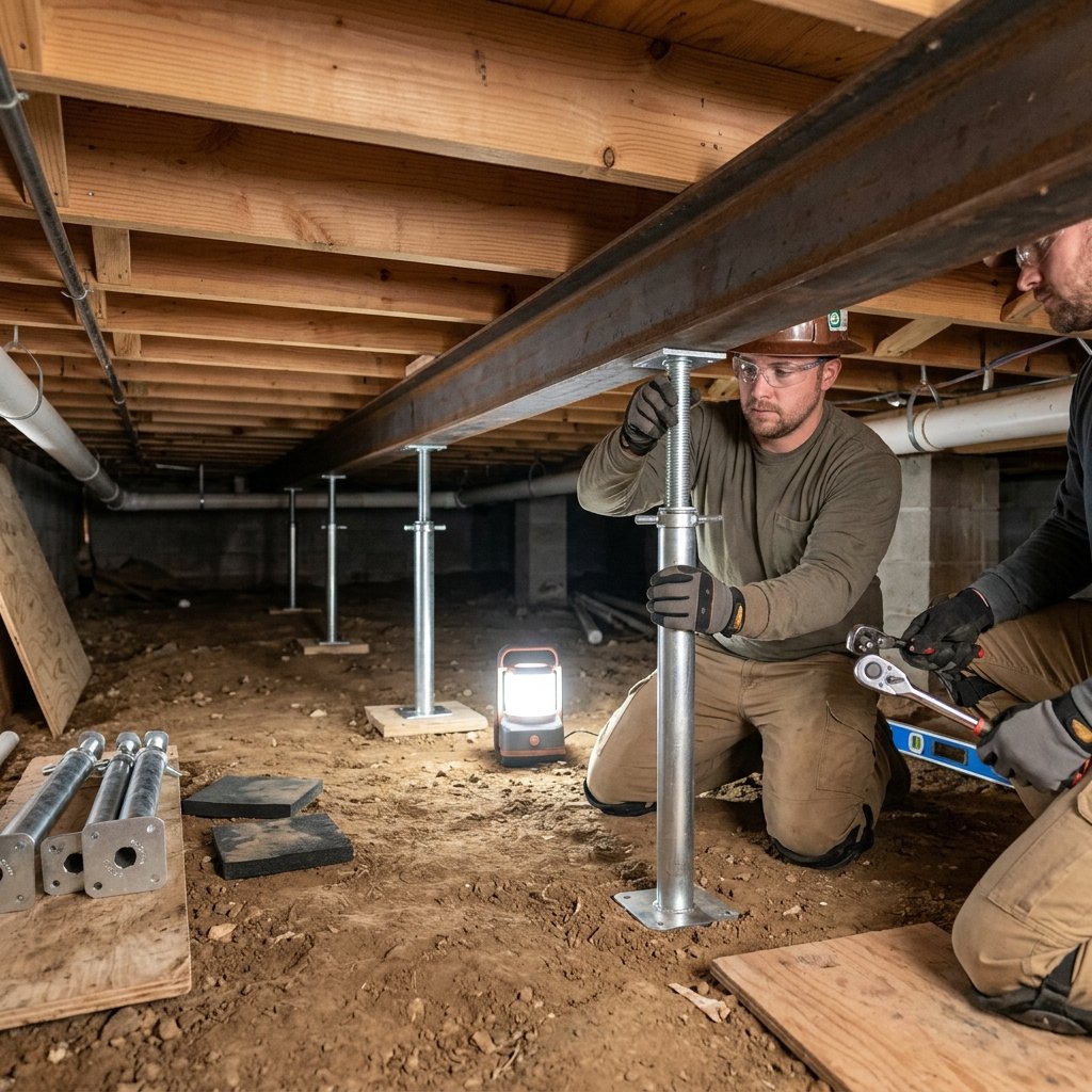 CrawlSpace Experts crew installing multiple steel support jacks to level sagging floor — Asheville, NC