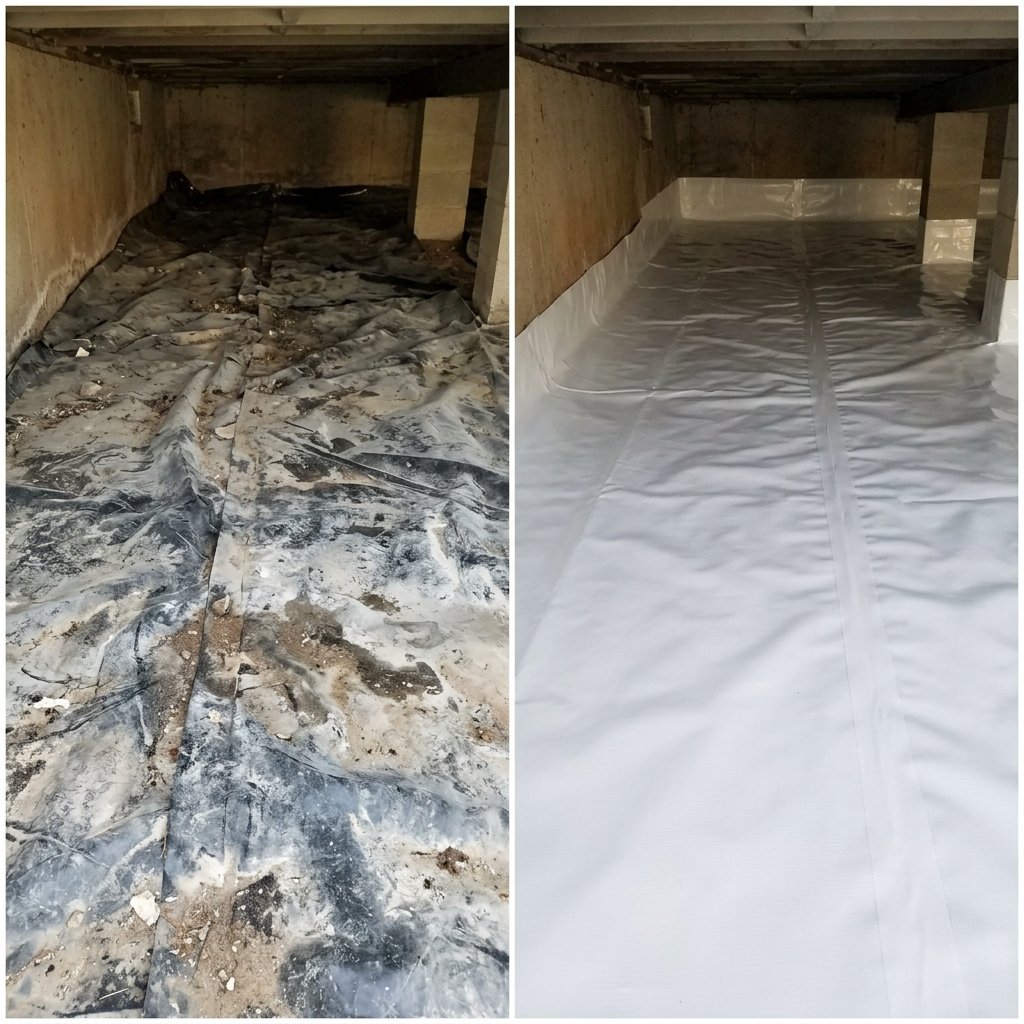 Crawl space vapor barrier before and after — torn dirty old liner replaced with clean white 20-mil vapor barrier